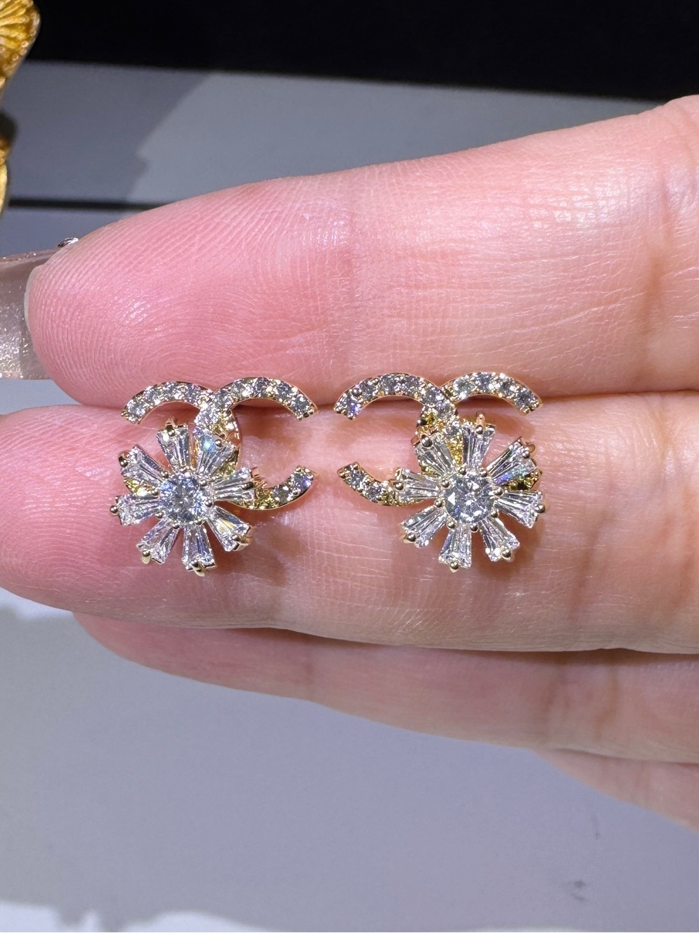 S925 Posts - Gold Floral Crystal Stud Earrings